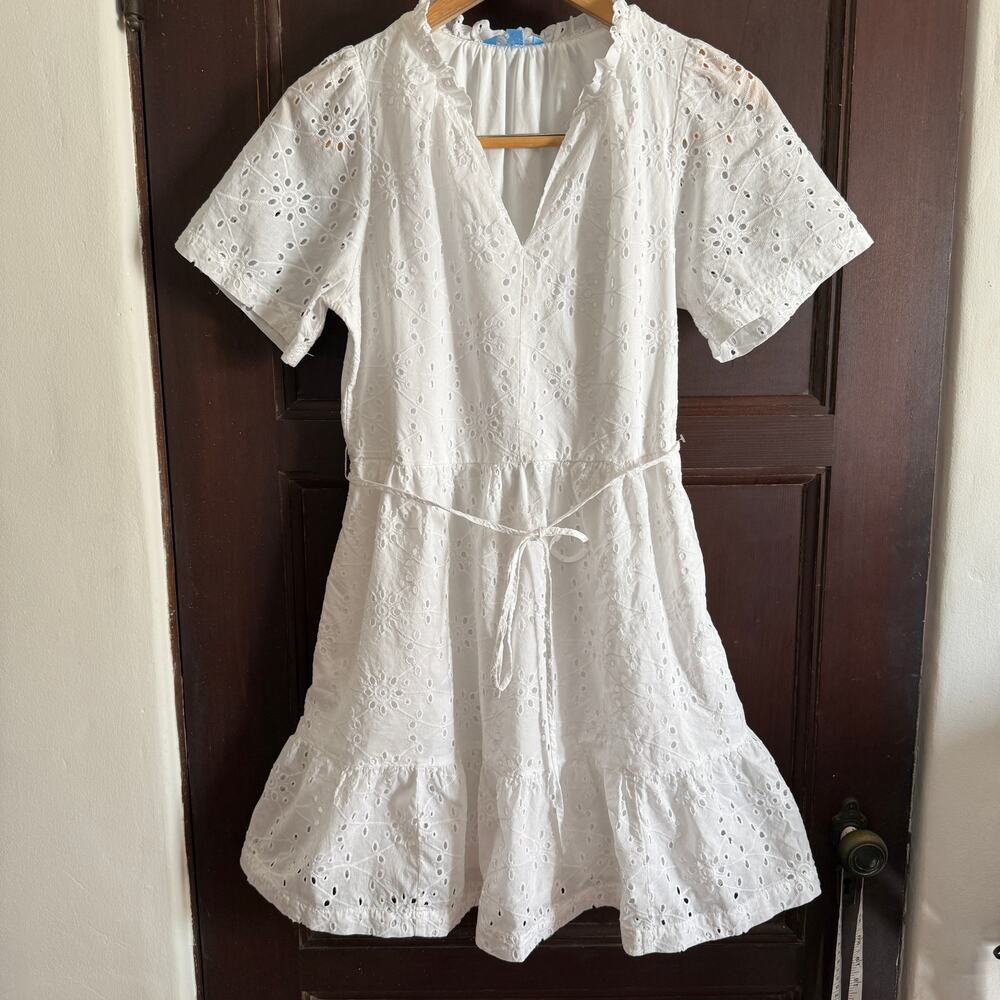 DRAPER JAMES | White Cotton Eyelet Tiered Short Sleeve Mini Dress | Medium